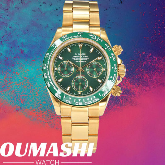 Luxury 39.3mm quartz Chronograph Business Watch Men's VK63 Sport watches Sapphire Glass green gold dial Ceramic bezel vk63 watch