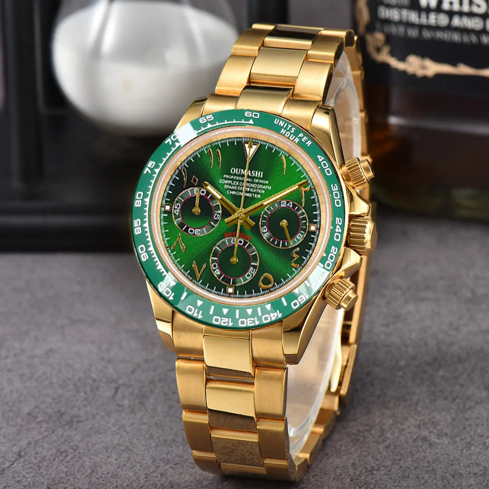 Luxury 39.3mm quartz Chronograph Business Watch Men's VK63 Sport watches Sapphire Glass green gold dial Ceramic bezel vk63 watch