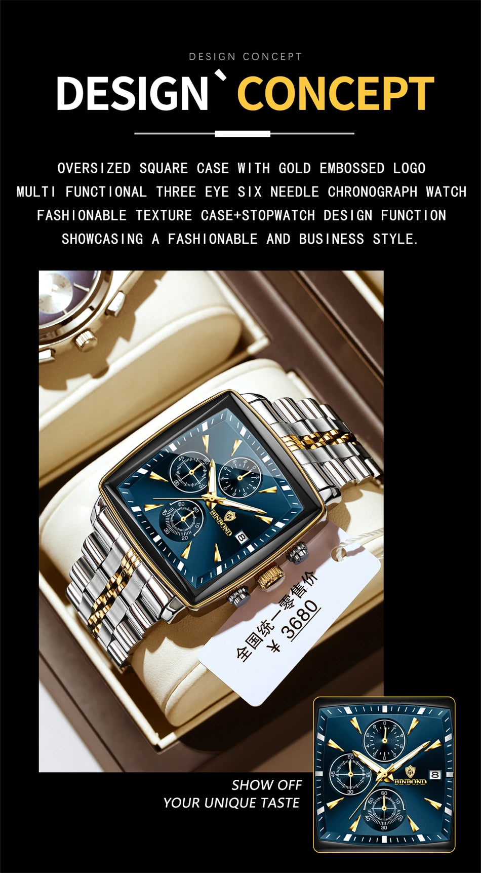 BINBOND Luxury Square Men’s Watch – Bold Design. Built to Perform.