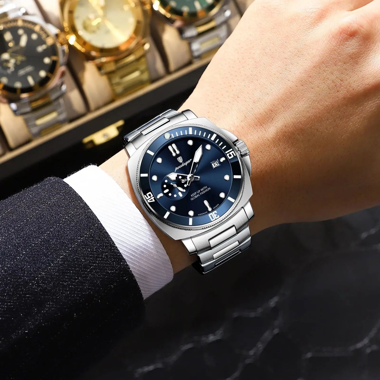 POEDAGAR Luxury Sports Man Wristwatch Luminous Waterproof Date Watch For Men Business Stainless Steel Quartz Men's Watches Reloj