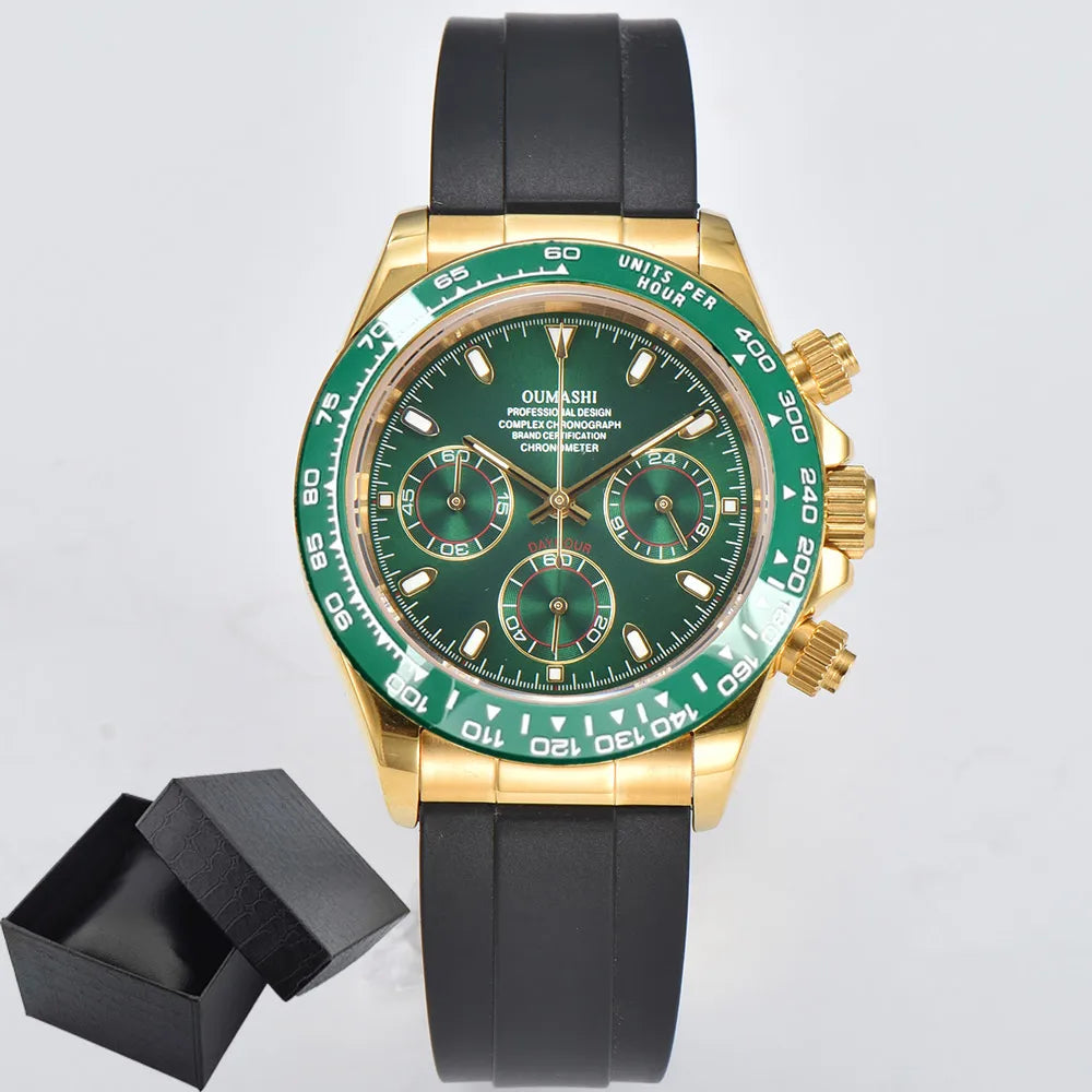 Luxury 39.3mm quartz Chronograph Business Watch Men's VK63 Sport watches Sapphire Glass green gold dial Ceramic bezel vk63 watch