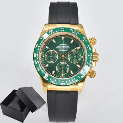 Luxury 39.3mm quartz Chronograph Business Watch Men's VK63 Sport watches Sapphire Glass green gold dial Ceramic bezel vk63 watch