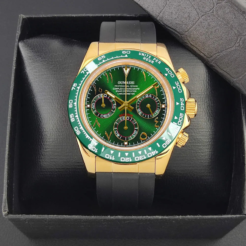 Luxury 39.3mm quartz Chronograph Business Watch Men's VK63 Sport watches Sapphire Glass green gold dial Ceramic bezel vk63 watch