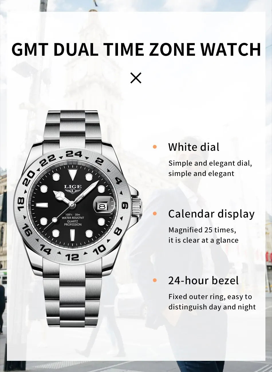 LIGE 2024 Men Watch Stainless Steel Band Date Mens Clock Business Male Watches Waterproof Luxuries Man Wrist Watches for Men