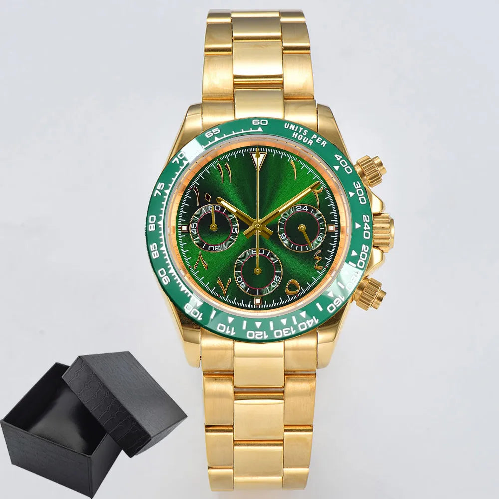 Luxury 39.3mm quartz Chronograph Business Watch Men's VK63 Sport watches Sapphire Glass green gold dial Ceramic bezel vk63 watch