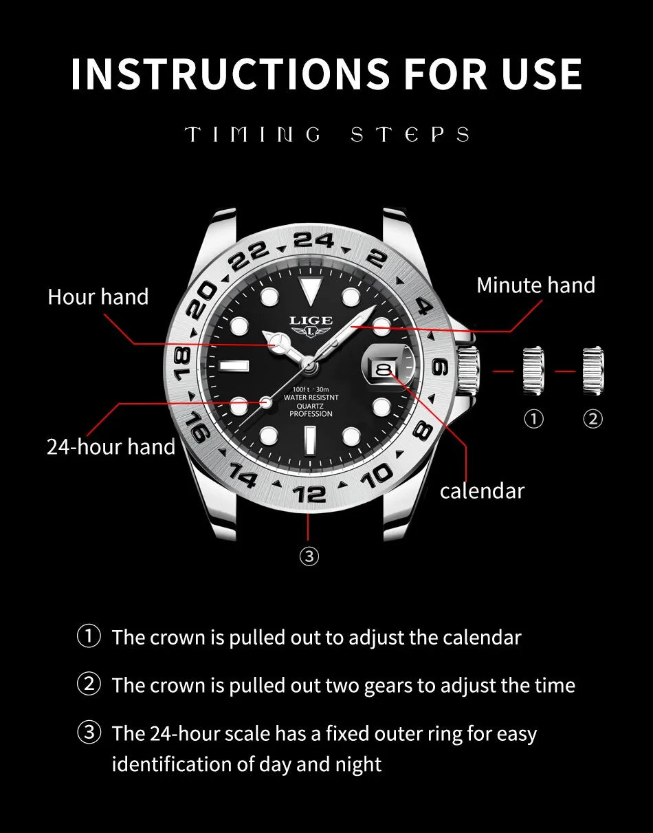 LIGE 2024 Men Watch Stainless Steel Band Date Mens Clock Business Male Watches Waterproof Luxuries Man Wrist Watches for Men