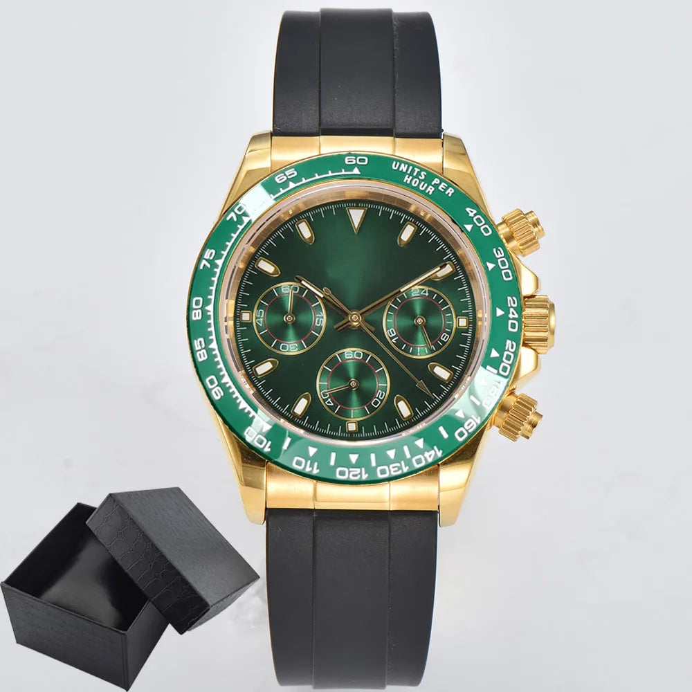 Luxury 39.3mm quartz Chronograph Business Watch Men's VK63 Sport watches Sapphire Glass green gold dial Ceramic bezel vk63 watch