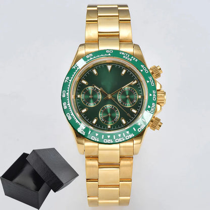 Luxury 39.3mm quartz Chronograph Business Watch Men's VK63 Sport watches Sapphire Glass green gold dial Ceramic bezel vk63 watch