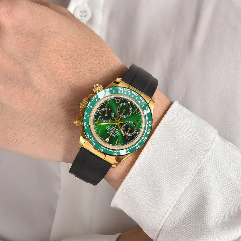 Luxury 39.3mm quartz Chronograph Business Watch Men's VK63 Sport watches Sapphire Glass green gold dial Ceramic bezel vk63 watch