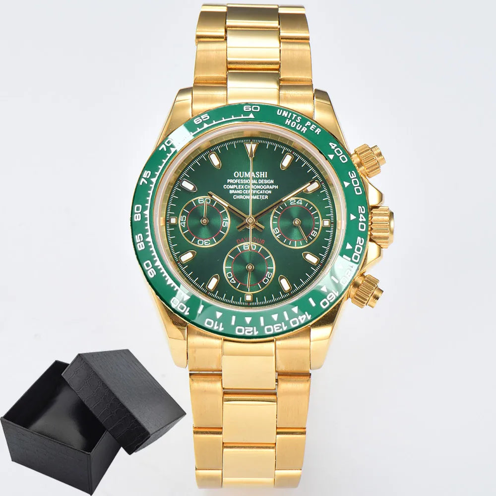 Luxury 39.3mm quartz Chronograph Business Watch Men's VK63 Sport watches Sapphire Glass green gold dial Ceramic bezel vk63 watch