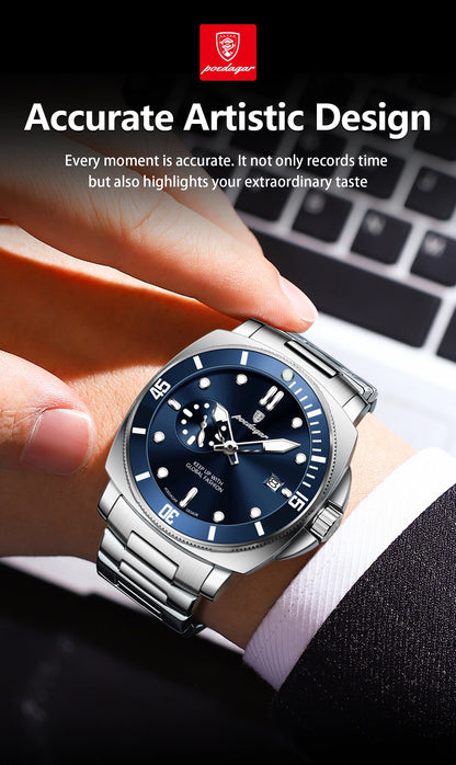 POEDAGAR Luxury Sports Man Wristwatch Luminous Waterproof Date Watch For Men Business Stainless Steel Quartz Men's Watches Reloj
