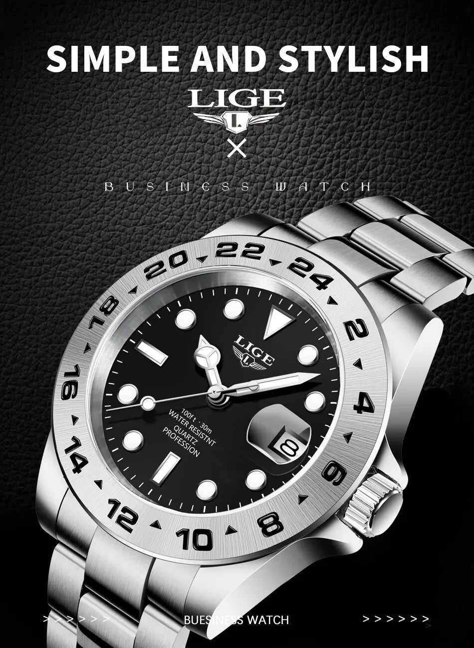 LIGE 2024 Men Watch Stainless Steel Band Date Mens Clock Business Male Watches Waterproof Luxuries Man Wrist Watches for Men