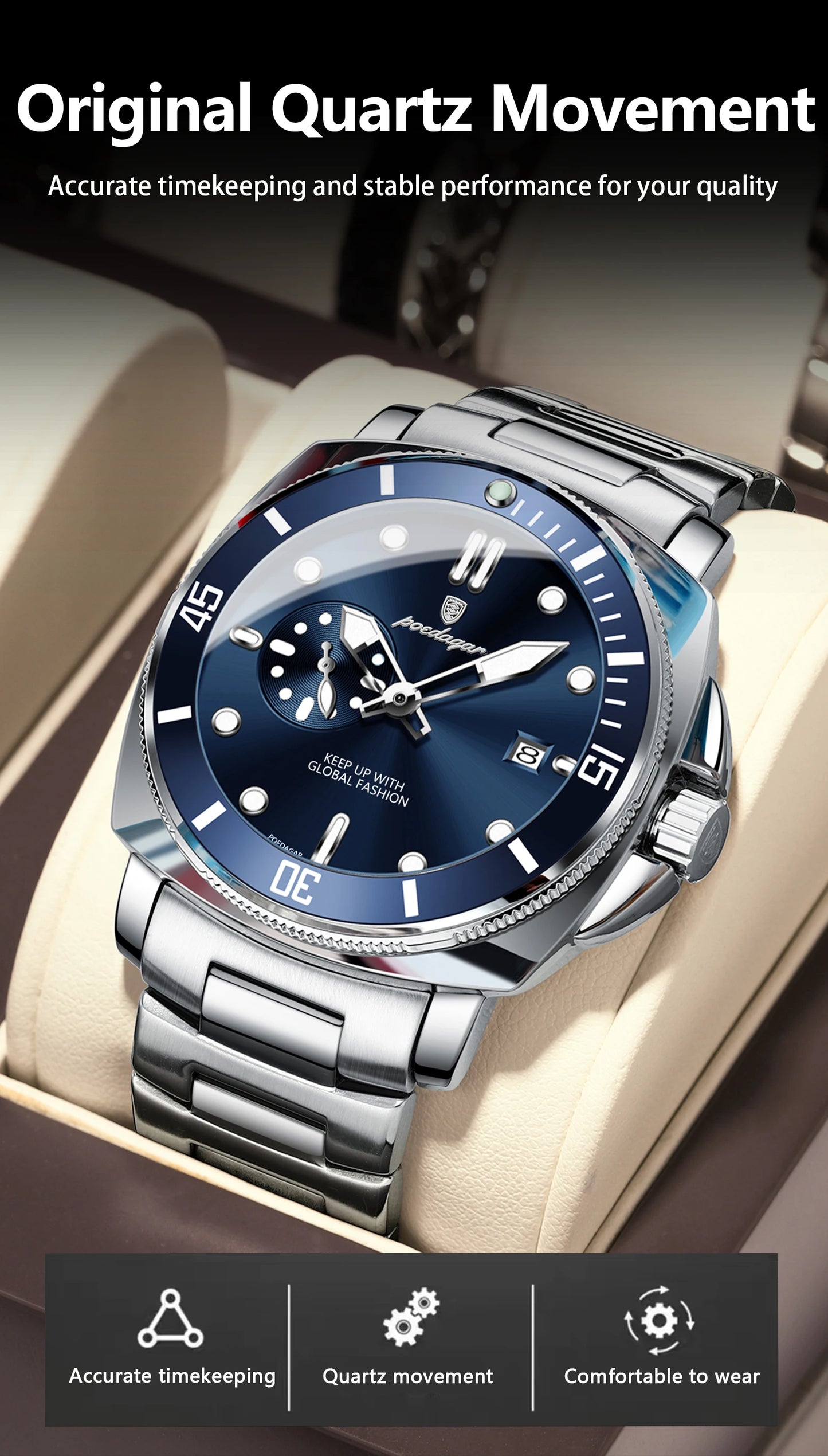 POEDAGAR Luxury Sports Man Wristwatch Luminous Waterproof Date Watch For Men Business Stainless Steel Quartz Men's Watches Reloj