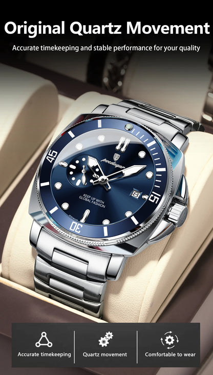 POEDAGAR Luxury Sports Man Wristwatch Luminous Waterproof Date Watch For Men Business Stainless Steel Quartz Men's Watches Reloj