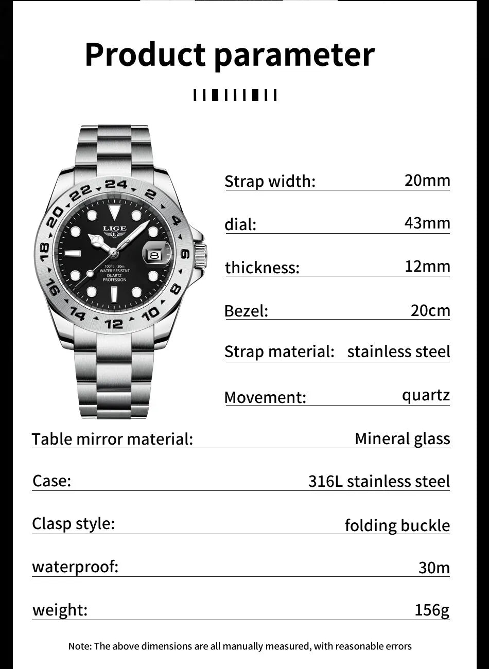 LIGE 2024 Men Watch Stainless Steel Band Date Mens Clock Business Male Watches Waterproof Luxuries Man Wrist Watches for Men