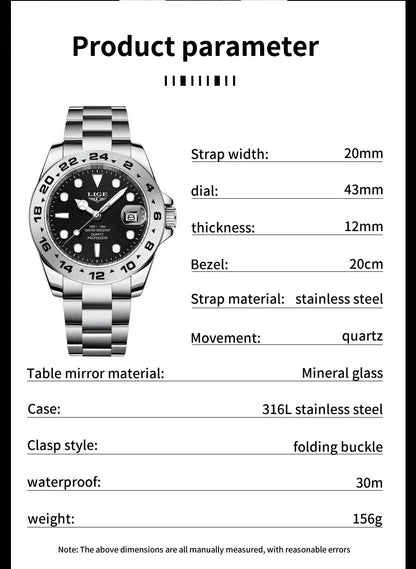 LIGE 2024 Men Watch Stainless Steel Band Date Mens Clock Business Male Watches Waterproof Luxuries Man Wrist Watches for Men