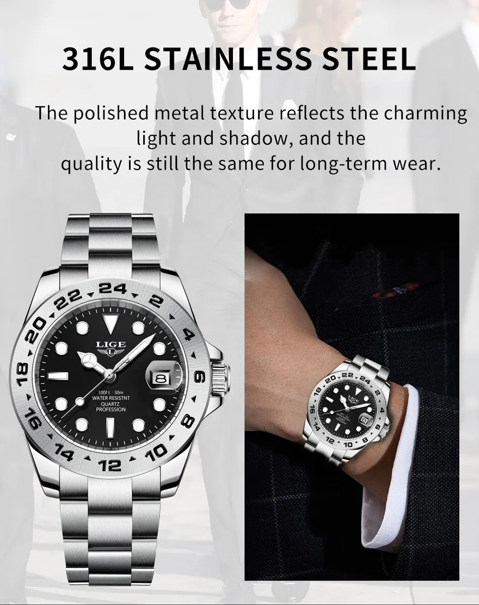 LIGE 2024 Men Watch Stainless Steel Band Date Mens Clock Business Male Watches Waterproof Luxuries Man Wrist Watches for Men