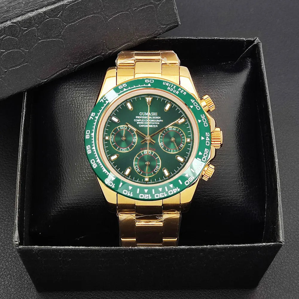 Luxury 39.3mm quartz Chronograph Business Watch Men's VK63 Sport watches Sapphire Glass green gold dial Ceramic bezel vk63 watch