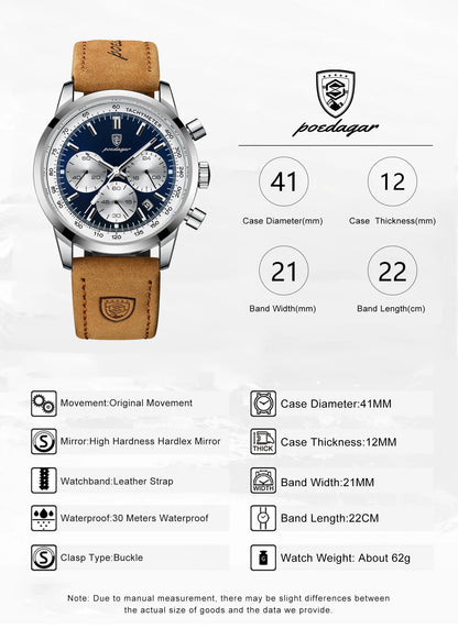 POEDAGAR Luxury Leather Chronograph Watch – Everyday Elegance with Precision