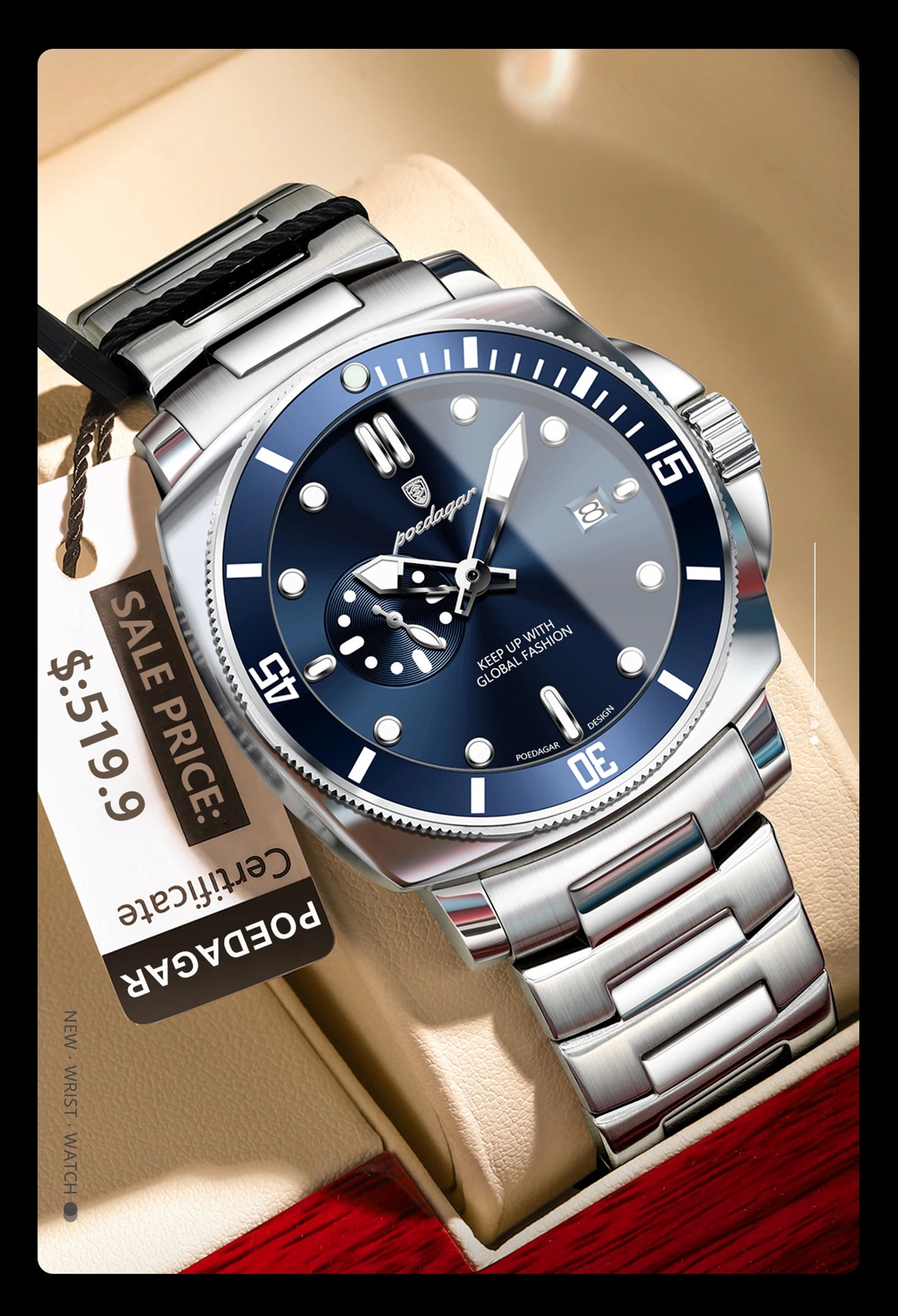 POEDAGAR Luxury Sports Man Wristwatch Luminous Waterproof Date Watch For Men Business Stainless Steel Quartz Men's Watches Reloj