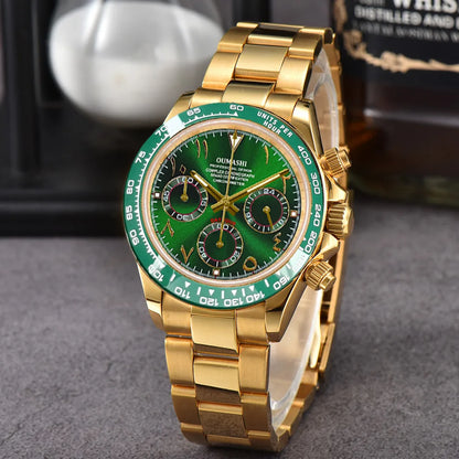 Luxury 39.3mm quartz Chronograph Business Watch Men's VK63 Sport watches Sapphire Glass green gold dial Ceramic bezel vk63 watch
