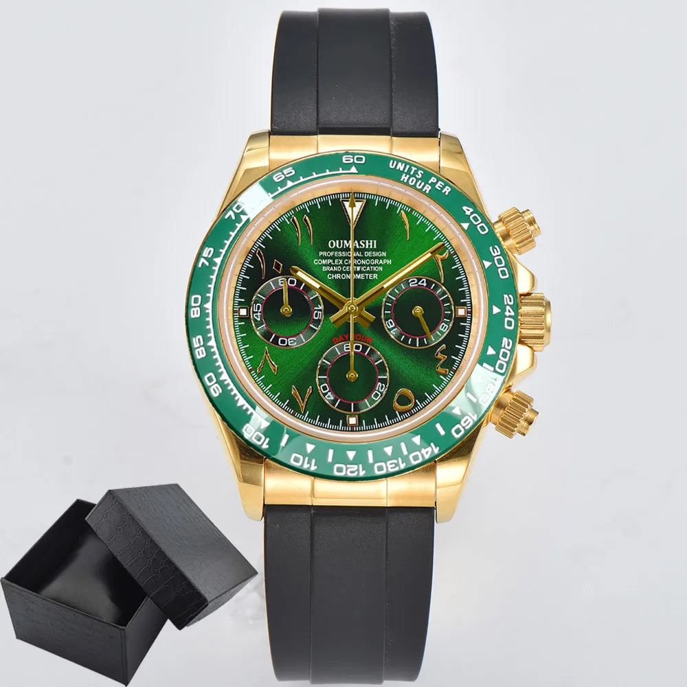 Luxury 39.3mm quartz Chronograph Business Watch Men's VK63 Sport watches Sapphire Glass green gold dial Ceramic bezel vk63 watch