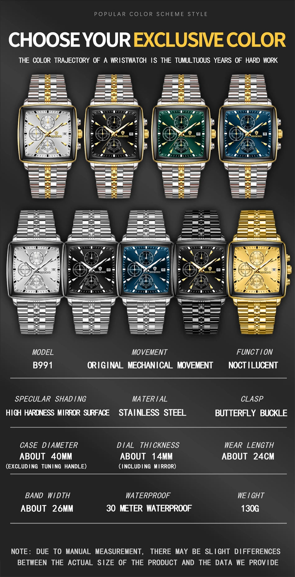 BINBOND Luxury Square Men’s Watch – Bold Design. Built to Perform.