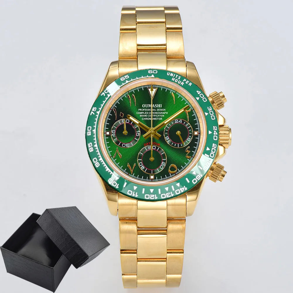 Luxury 39.3mm quartz Chronograph Business Watch Men's VK63 Sport watches Sapphire Glass green gold dial Ceramic bezel vk63 watch