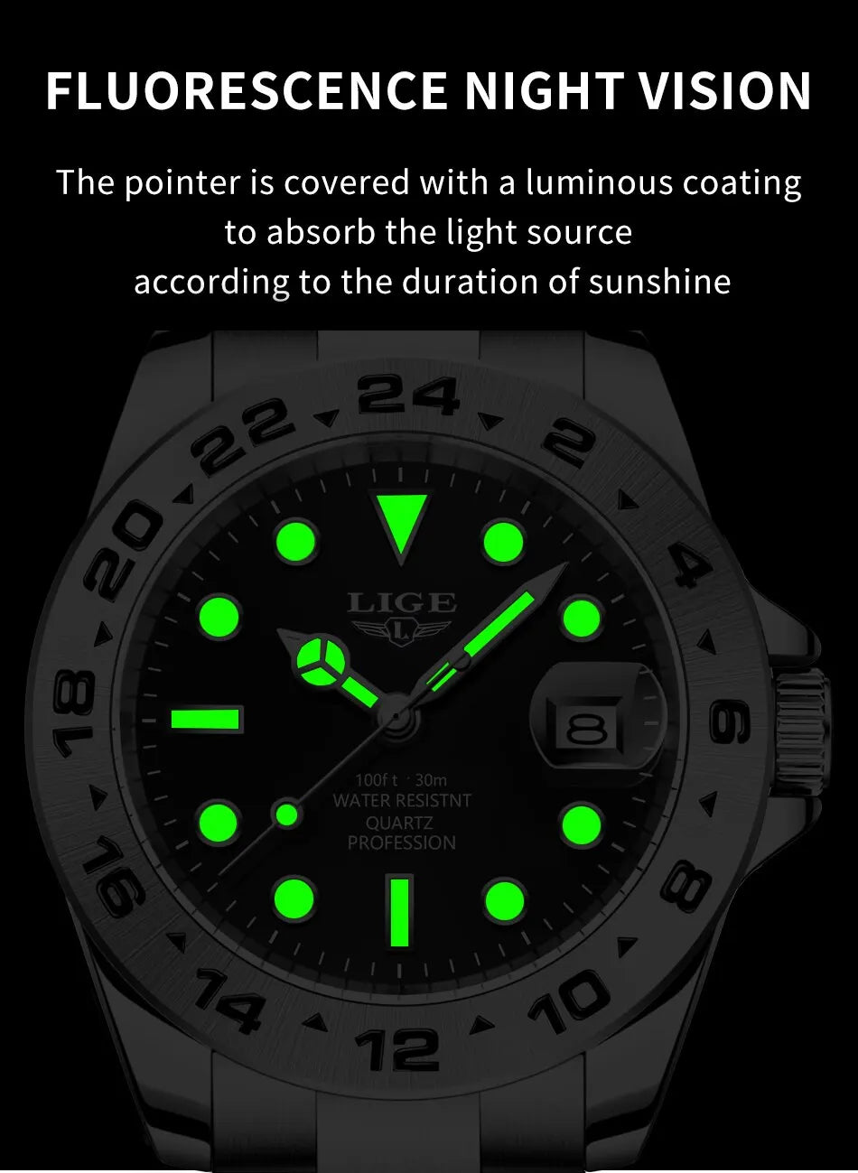 LIGE 2024 Men Watch Stainless Steel Band Date Mens Clock Business Male Watches Waterproof Luxuries Man Wrist Watches for Men
