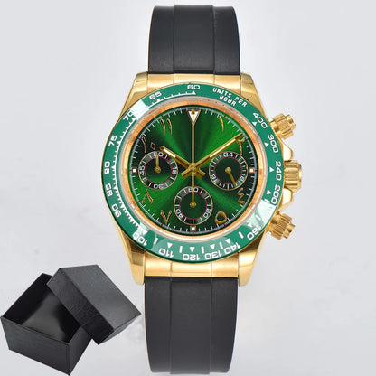 Luxury 39.3mm quartz Chronograph Business Watch Men's VK63 Sport watches Sapphire Glass green gold dial Ceramic bezel vk63 watch