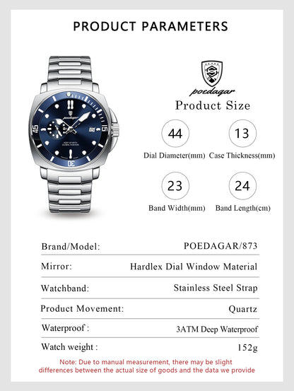 POEDAGAR Luxury Sports Man Wristwatch Luminous Waterproof Date Watch For Men Business Stainless Steel Quartz Men's Watches Reloj