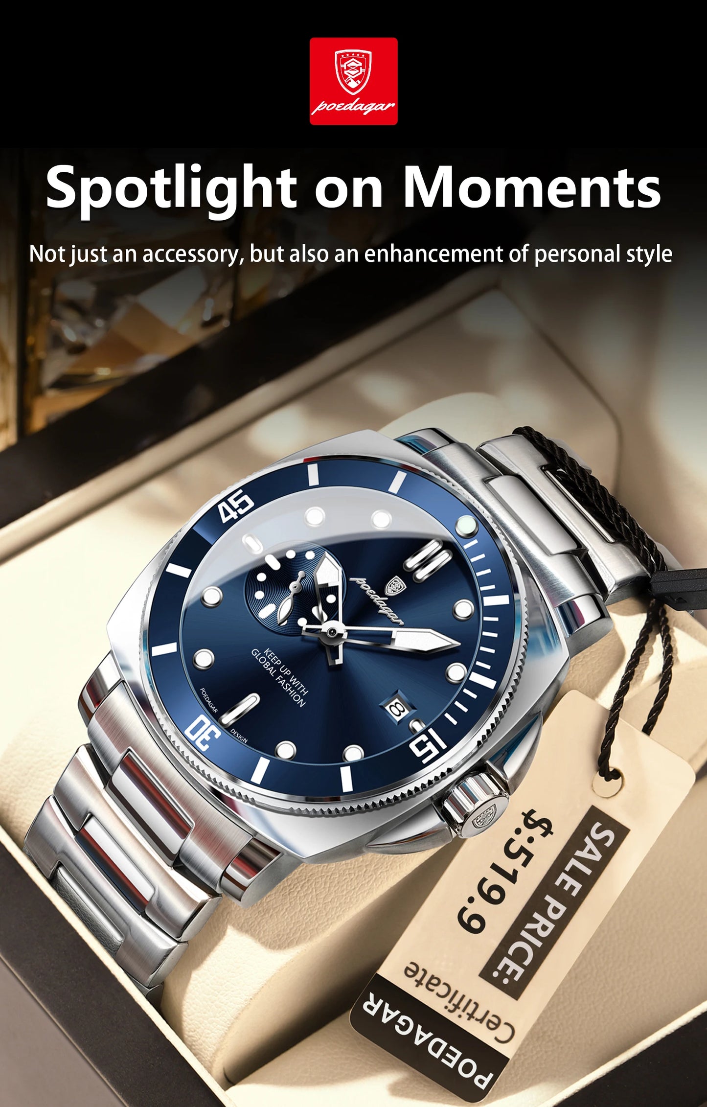 POEDAGAR Luxury Sports Man Wristwatch Luminous Waterproof Date Watch For Men Business Stainless Steel Quartz Men's Watches Reloj