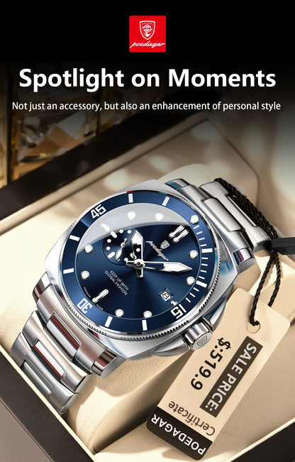 POEDAGAR Luxury Sports Man Wristwatch Luminous Waterproof Date Watch For Men Business Stainless Steel Quartz Men's Watches Reloj