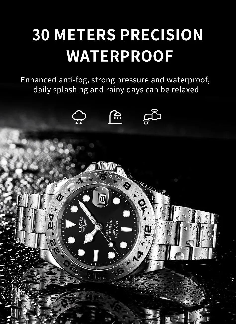 LIGE 2024 Men Watch Stainless Steel Band Date Mens Clock Business Male Watches Waterproof Luxuries Man Wrist Watches for Men